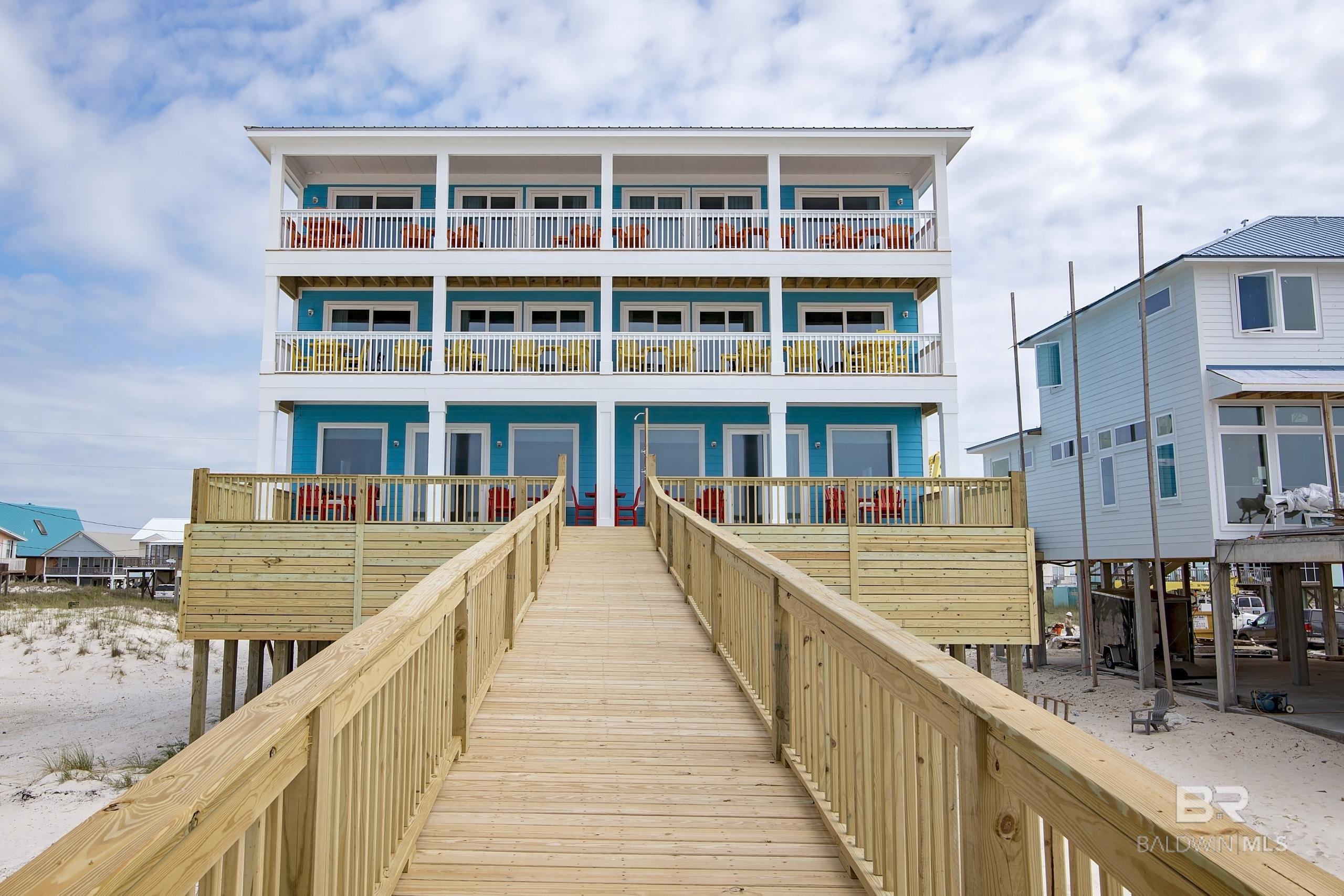 Completed in late May of 2017, Easy Breezy is ready for you and your group to come and make life long memories in! Easy Breezy is a 18 bedroom plus 4 bonus bunk rooms, 18 bath, 2 half bath house that sleeps 44. Easy Breezy is direct gulf front and offers amazing views of the white sandy beaches and crystal blue waters of the Alabama Gulf Coast. The home is 3 stories and has balconies on all 3 levels. There are 2 pools  , ample parking, Wi-Fi/Internet, Cable/Satellite, and much more. There is also an elevator that services one side. This house is a Vacation Rental on Prickett Properties Management program. The house is rented most of the time so as much advanced notice as possible please Approx. living area is 10,000 with around 1800 feet of porches and 2 pools.   Buyer to verify all dimensions and details.  Gross rentals for 2022 as of May 3, 2022 is $443,420.00 with a projected year end gross amount of $500,000 +.