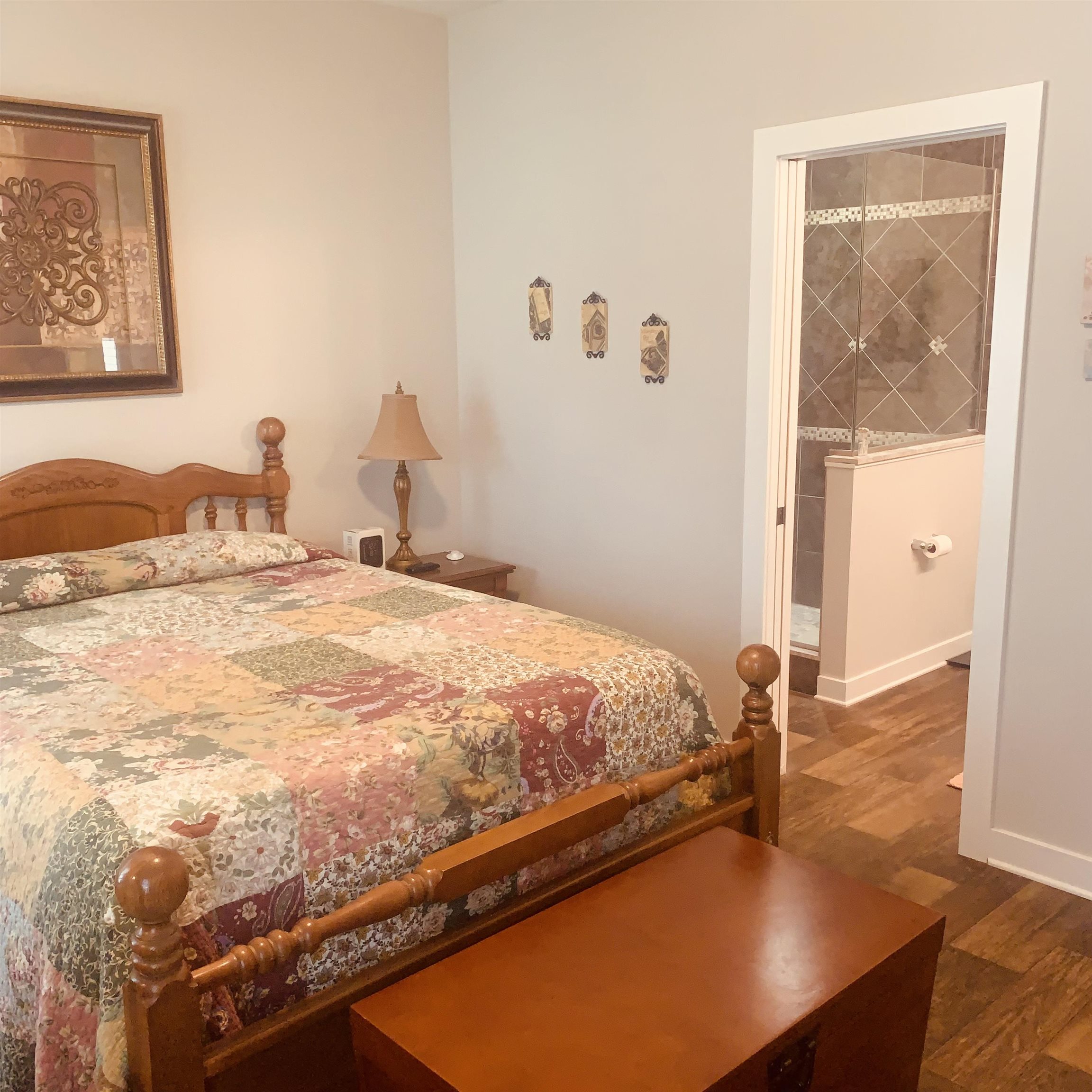 This owners suite has a walk-in shower as well as a walk in closet.