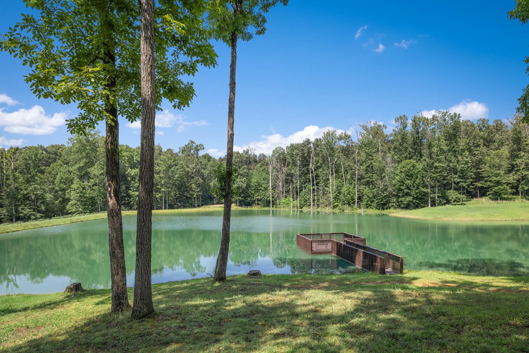 Stationary dock, bass, bluegill, and catfish. Clover plot at the clearing to the right of the lake.