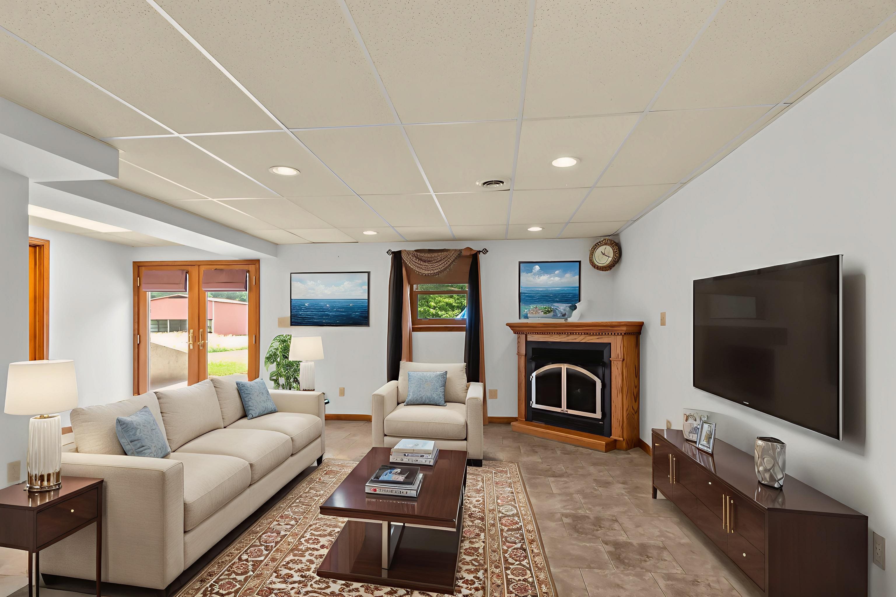 Virtually staged family room. Fireplace stays.