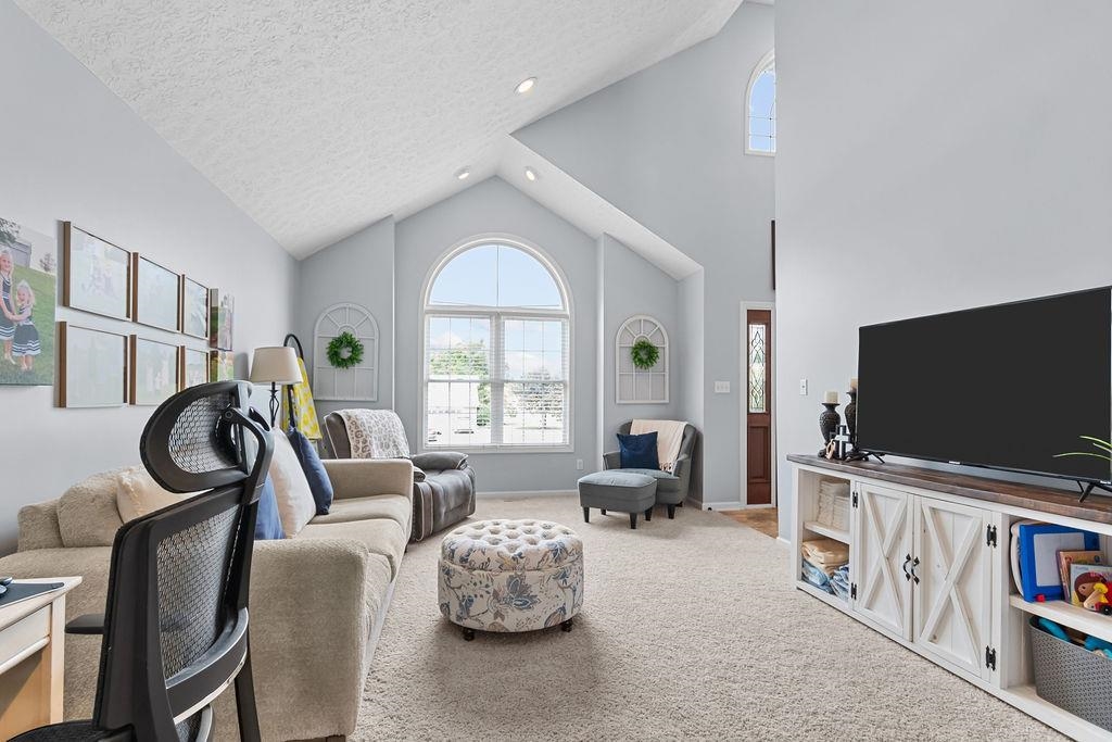 Spacious great room with vaulted ceiling and newer carpeting.