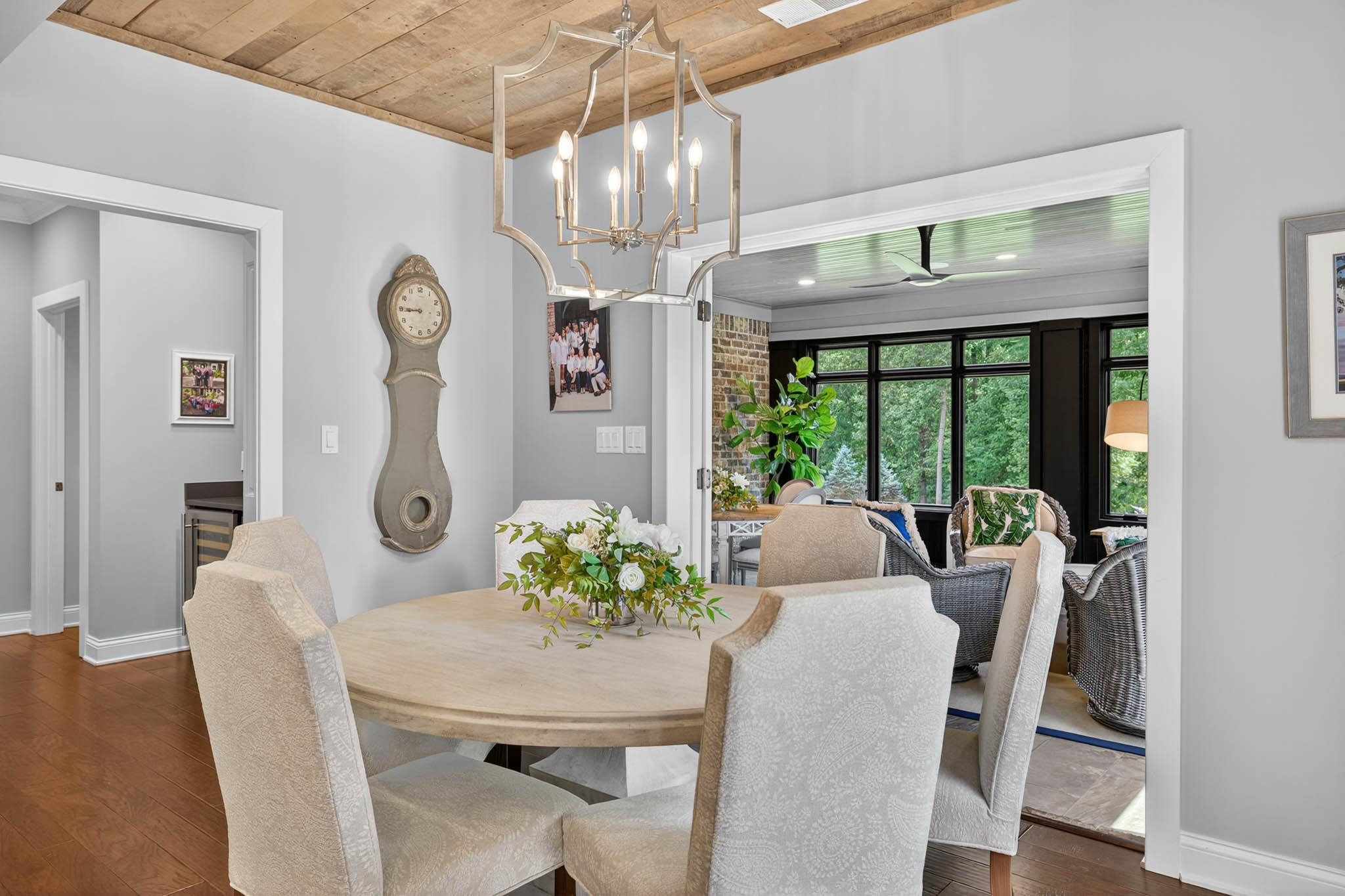 Stylish lighting and barn-wood ceiling
