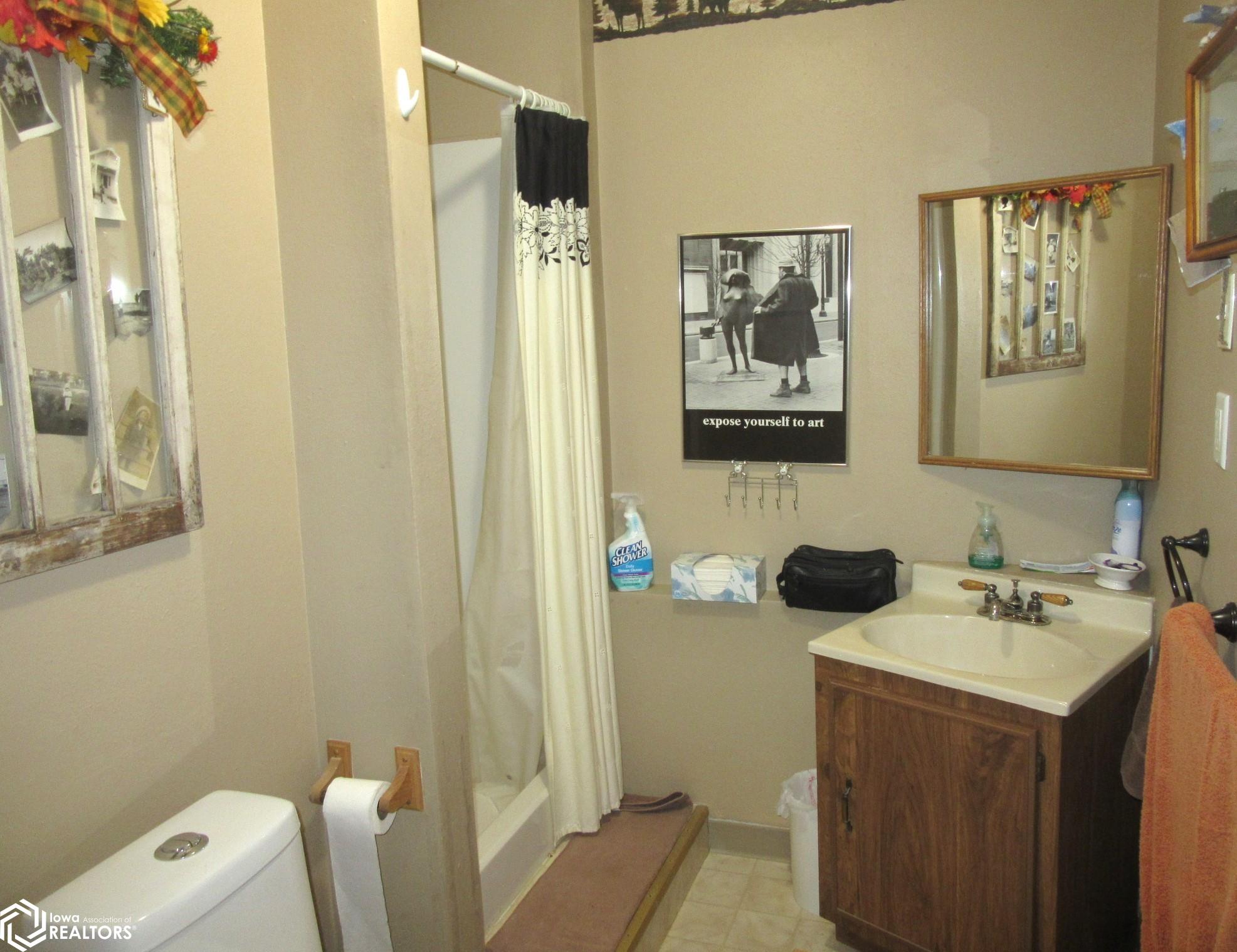 Lower Level Bath with Sink, stool and shower.