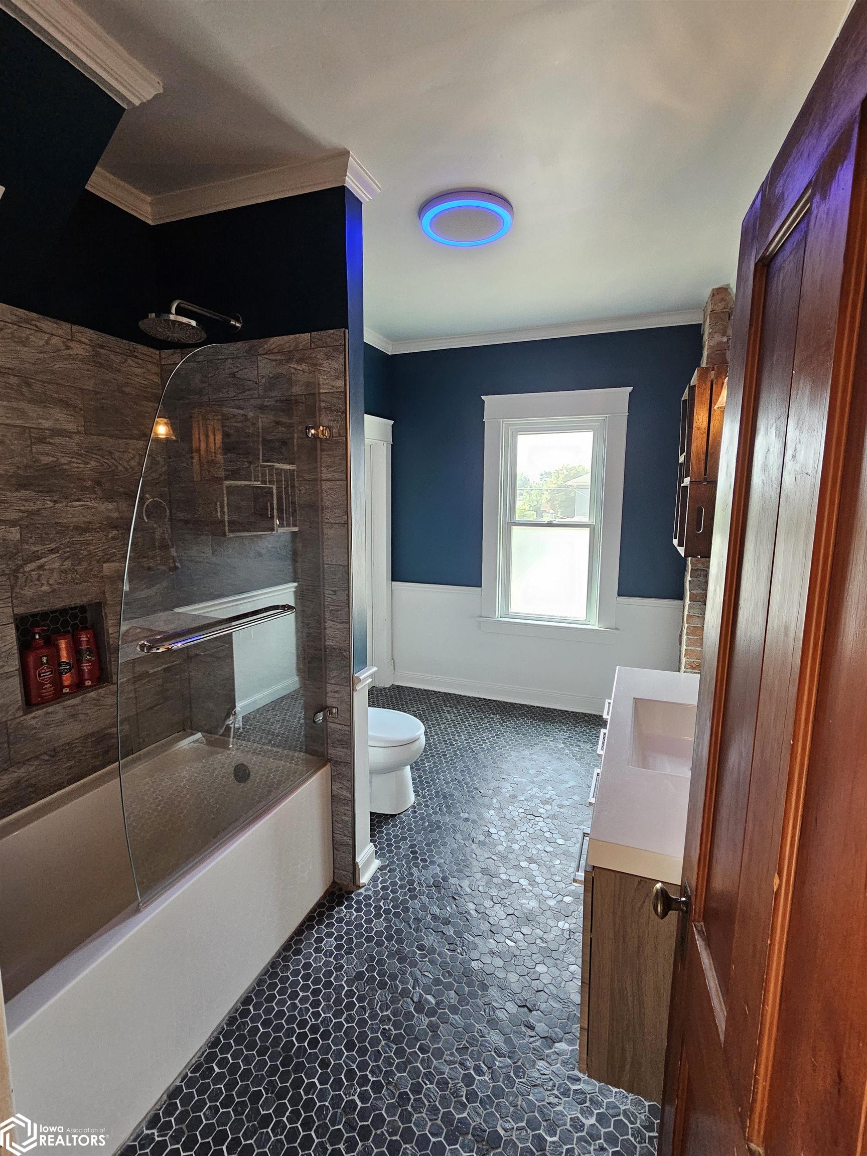 Custom 2nd floor bathroom. The ceiling light has a nightlight, exhaust fan, AND Bluetooth speaker.