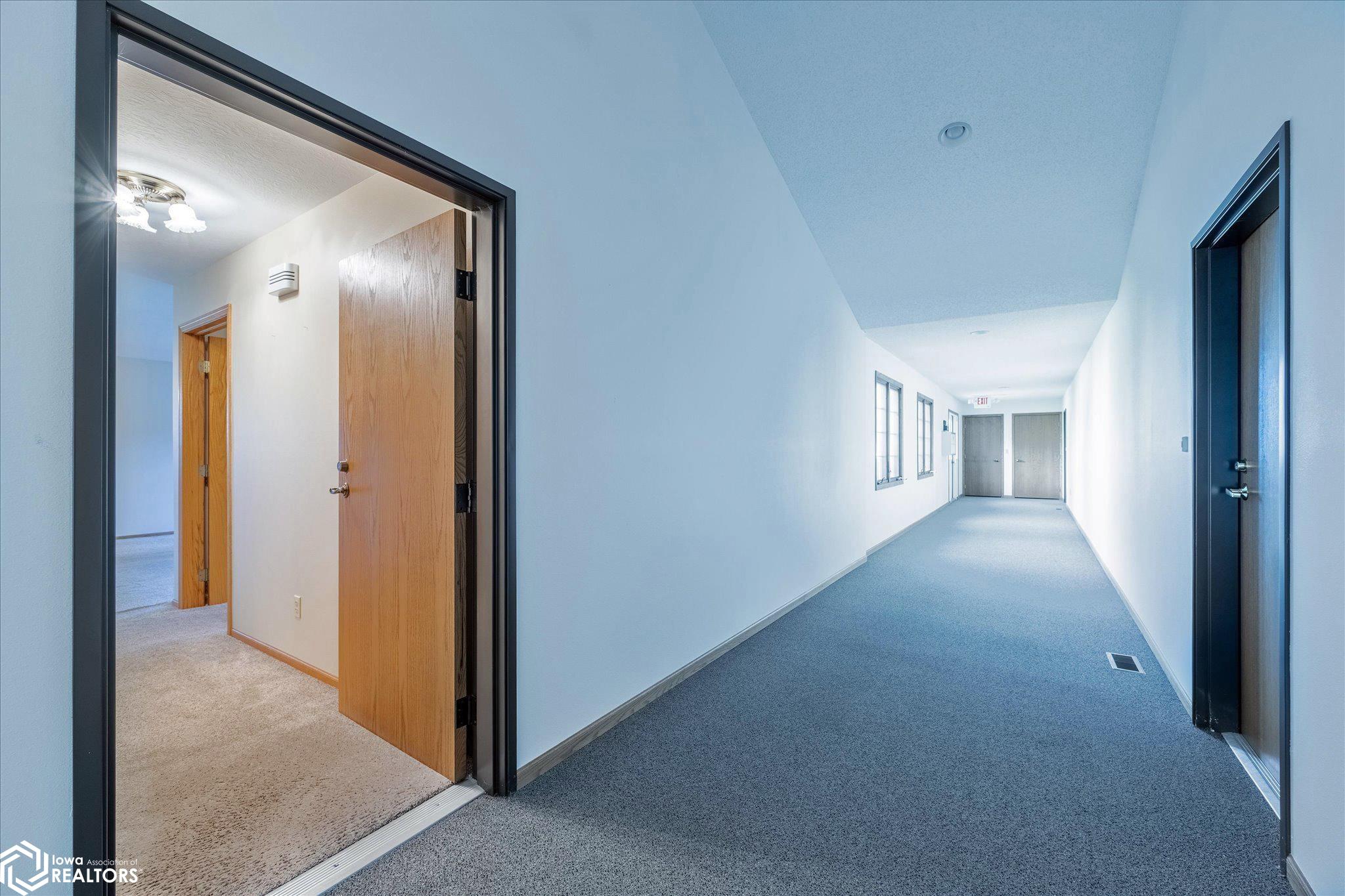 View of the common hallway looking S towards the door that leads to the common basement that holds the furnaces and hot water heaters.