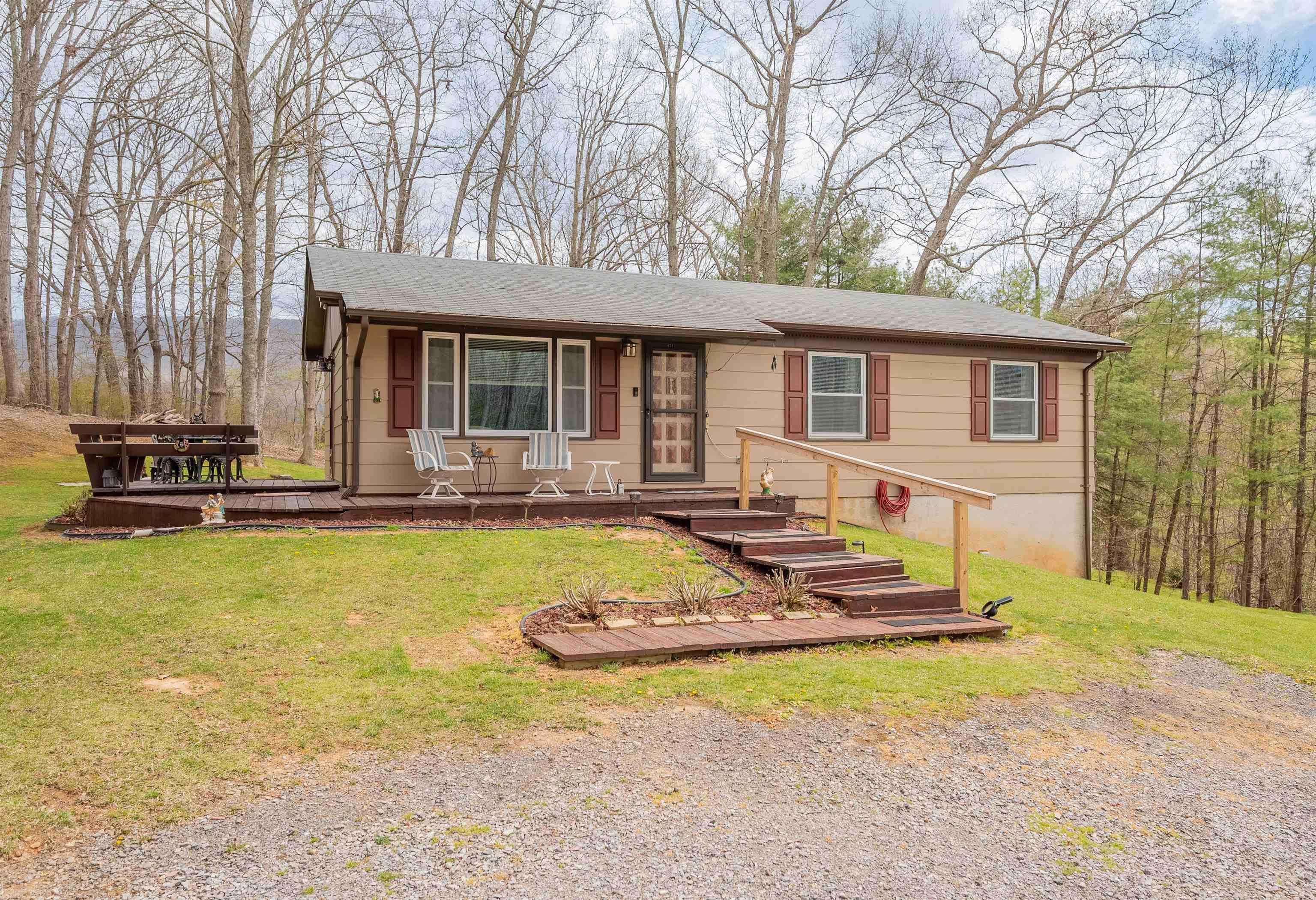 Enjoy a well maintained ranch home in a mountain retreat setting. 2.5 acres of well maintained yard with surrounding woods and creek. The 3 bedrooms are spacious and bathroom updated in recent years. Kitchen is very functional and basement offers almost the same foot print for storage or workshop area with walk out to back yard.