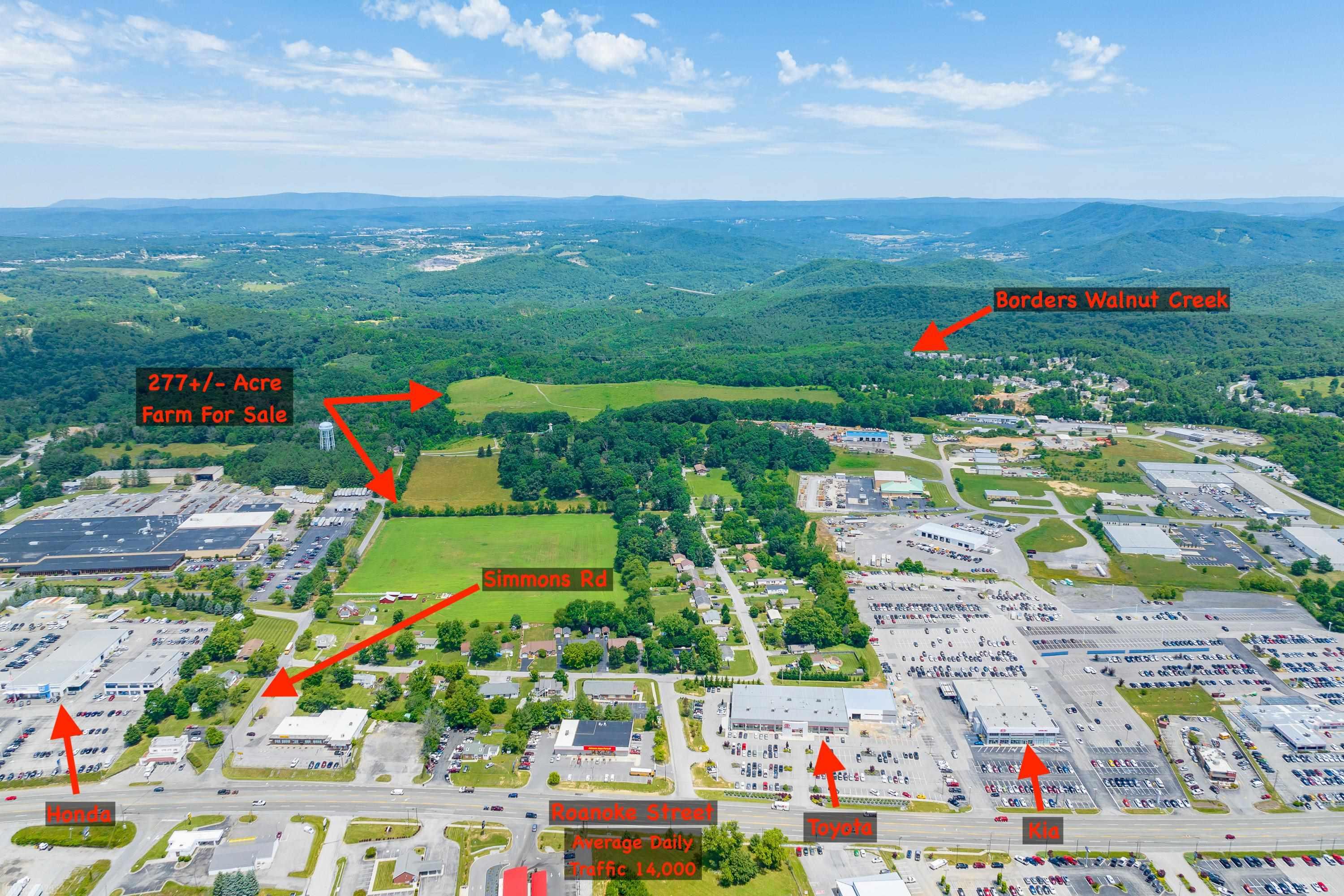 Checkout this incredible investment and potential development opportunity close to I-81 and US-460 in Christiansburg VA, and just 15 minutes from Blacksburg and Virginia Tech. This 277 acre property is being offered for the first time and is in a prime location in the hub of the New River Valley in Montgomery County. This large farm estate sits 0.1 miles off of Roanoke Street, which has an average daily traffic count of 14,000, easily connects to highway US-460 (40,000 Average Daily Traffic) and I-81, and has a wide variety of established businesses, employers, and schools nearby. There are a wide variety of development opportunities here with long range views, easy access to amenities and highway/interstates, and one portion of the property even borders an increasingly established residential housing development. The Montgomery County Planning department has also included some of this property in their “Urban Expansion Area” (see docs) Zoned A1. Buyer/buyers agents to confirm details.